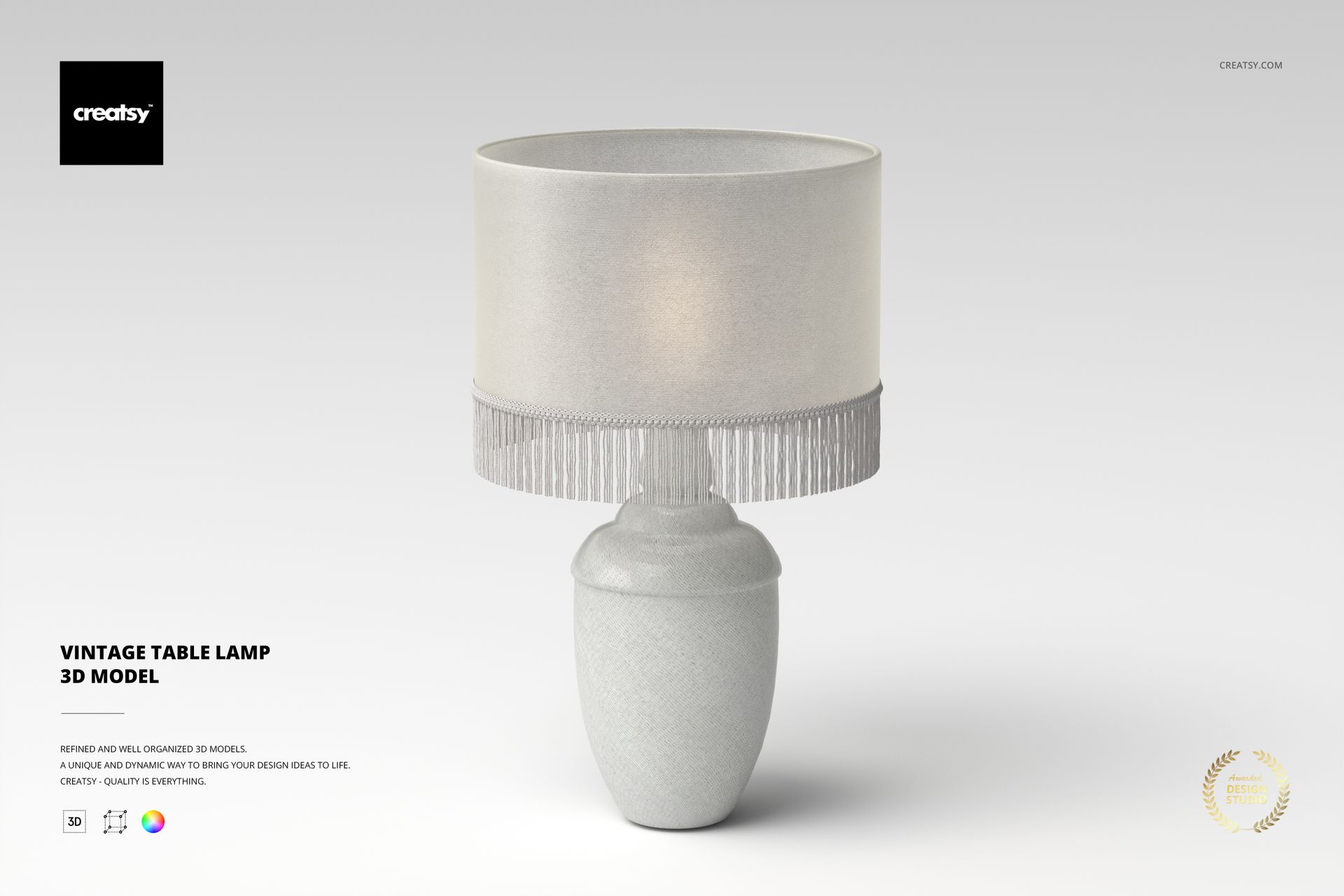 Vintage table lamp with a textured ceramic base and light fabric lampshade, shown from the front on a neutral background.