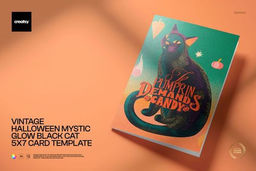 Vintage Halloween Mystic Glow Black Cat 5x7 Card Template - mockup preview 1