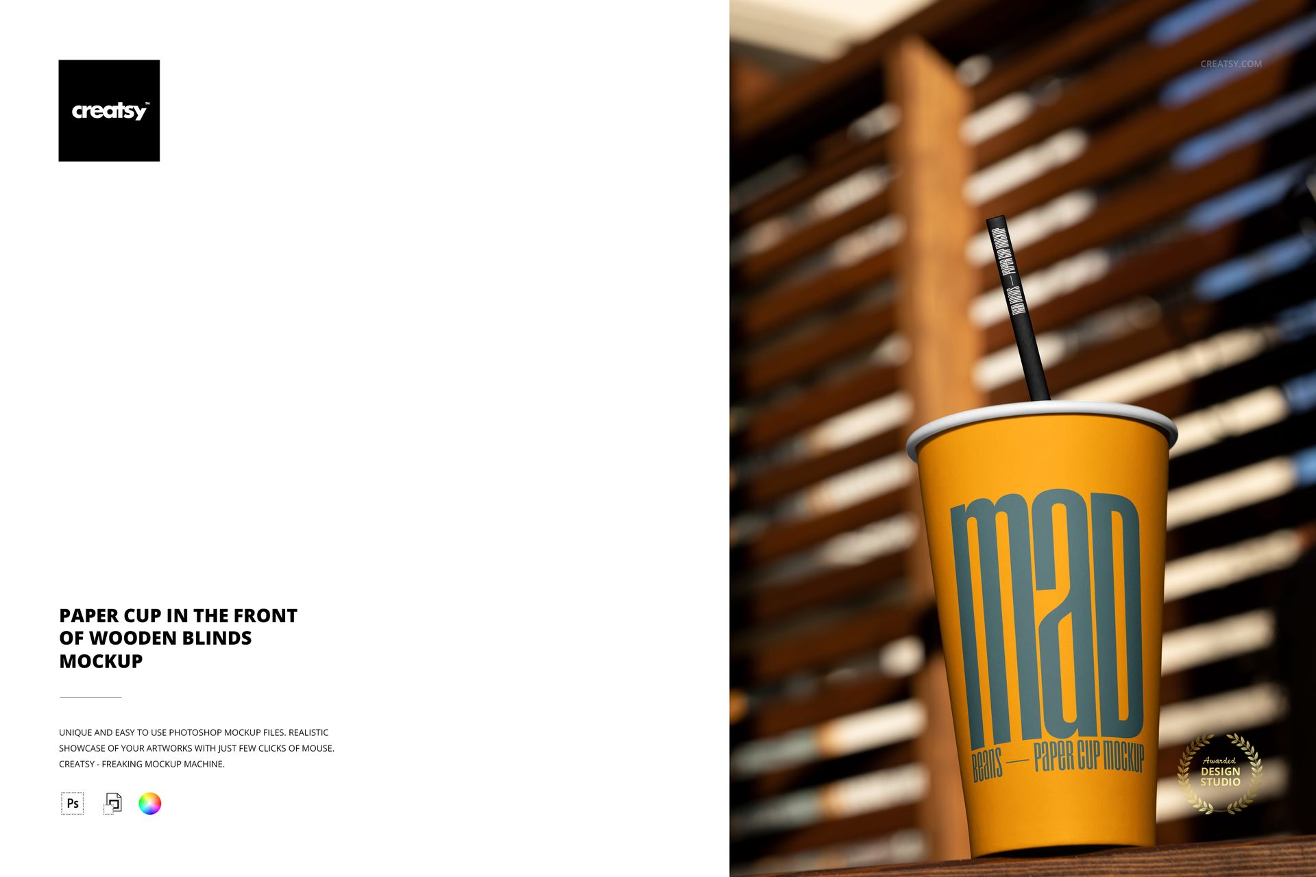 Yellow paper cup with black straw standing upright in front of horizontal wooden blinds, front view mockup.