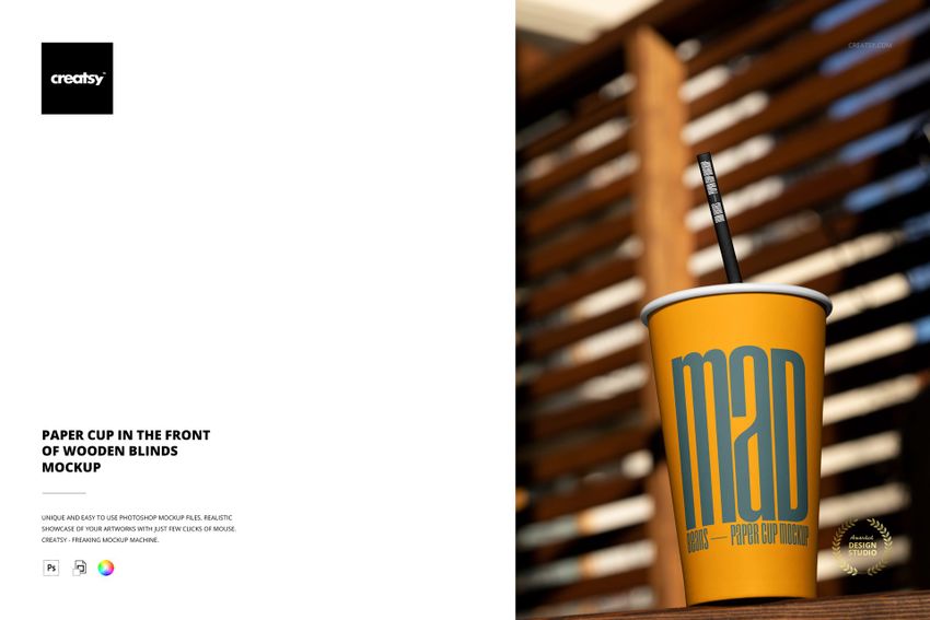 Paper Cup in the Front of Wooden Blinds Mockup - mockup screenshot 1