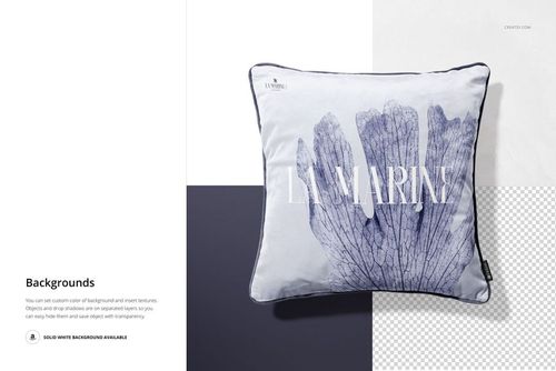Mockup of a square velvet pillow with dark piping, displaying a blue leaf pattern and white background.