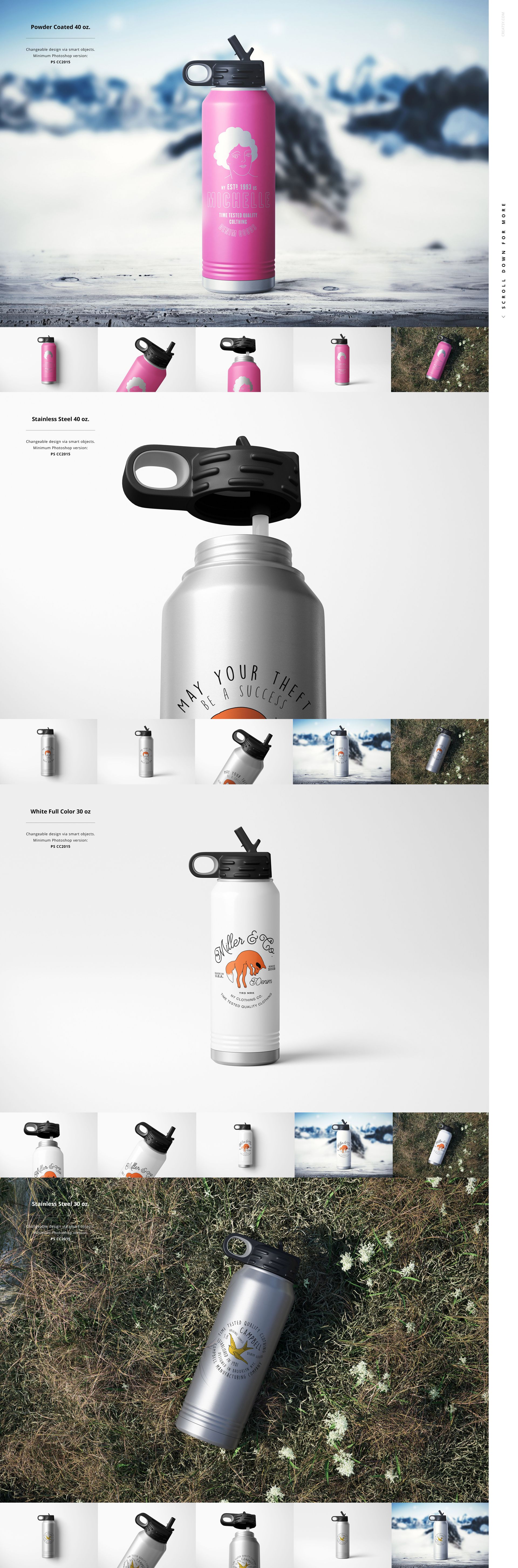 PSD mockup bundle featuring water bottles in silver, pink, and white, presented on grass and plain surfaces, close-up and wide shots.