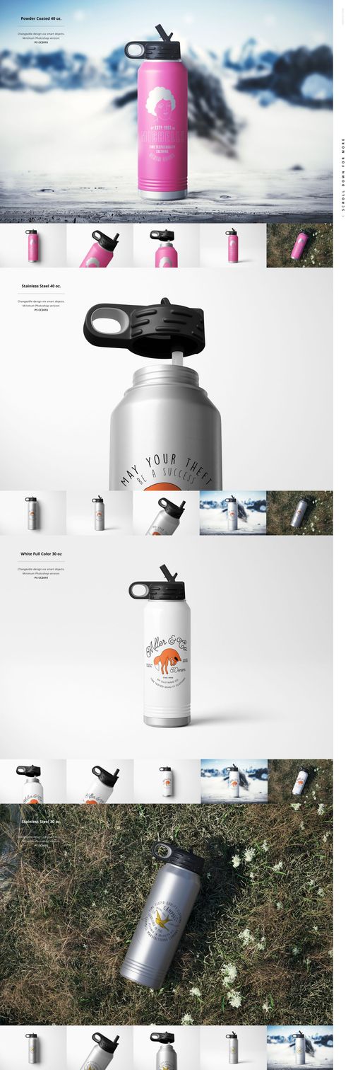 PSD mockup bundle featuring water bottles in silver, pink, and white, presented on grass and plain surfaces, close-up and wide shots.