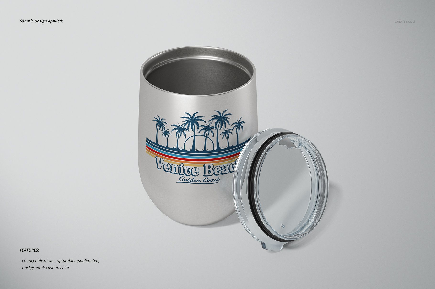 Front view of a 12 oz stemless wine cup with a removable transparent lid, featuring a palm tree and stripe design.