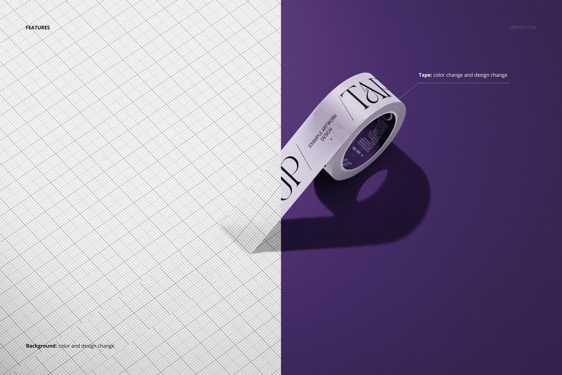 Single packaging tape roll mockup displayed on a split background with white grid and solid purple, angled side view.