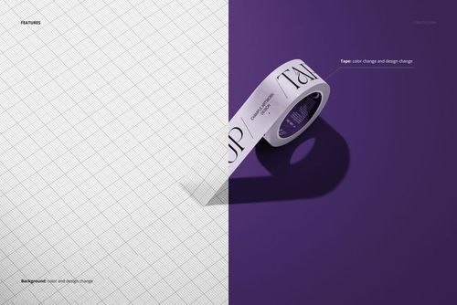Single packaging tape roll mockup displayed on a split background with white grid and solid purple, angled side view.