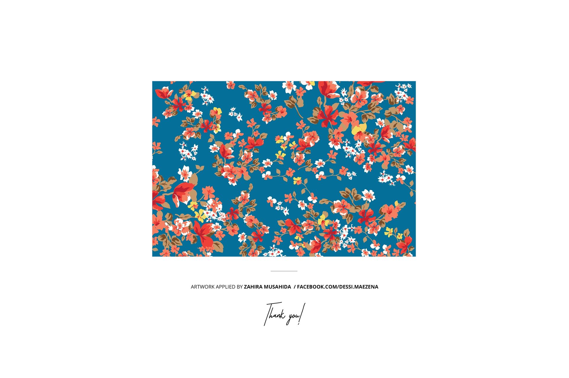 Colorful fabric swatch mockup with bold flowers in red, orange, and white on a deep blue backdrop, front-facing view.