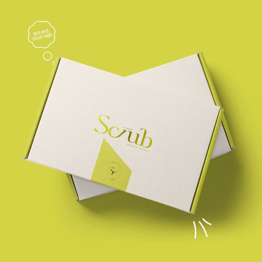 Two mailing box mockups with minimalist design, stacked on a yellow background. The top box has green text and simple graphics.