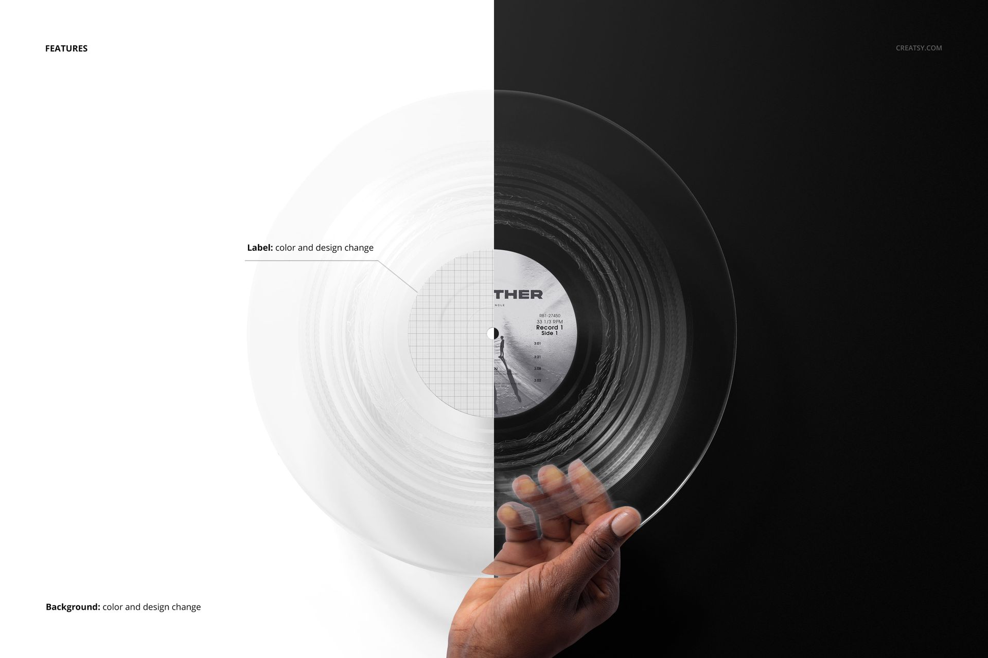 Top view of a transparent vinyl record mockup with editable label, hand holding the record over a divided background.