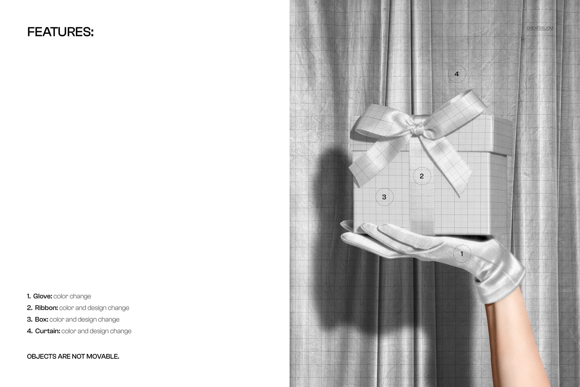 PSD mockup showing a gloved hand holding a Christmas present box with a bow, with a textured curtain backdrop.