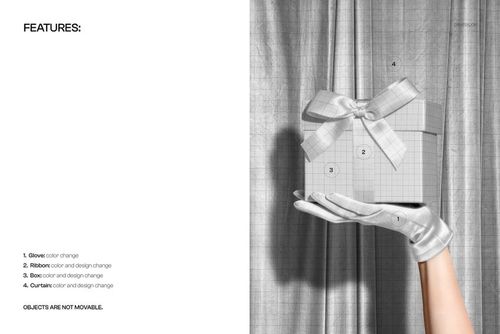 PSD mockup showing a gloved hand holding a Christmas present box with a bow, with a textured curtain backdrop.