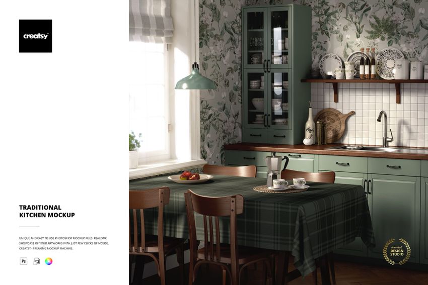 Traditional kitchen mockup featuring green cabinets, plaid tablecloth, and floral wallpaper in a sunlit room.