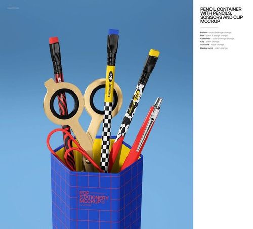 Stationery mockup with a blue pencil holder filled with patterned pencils, scissors, and red paper clips on a blue surface.