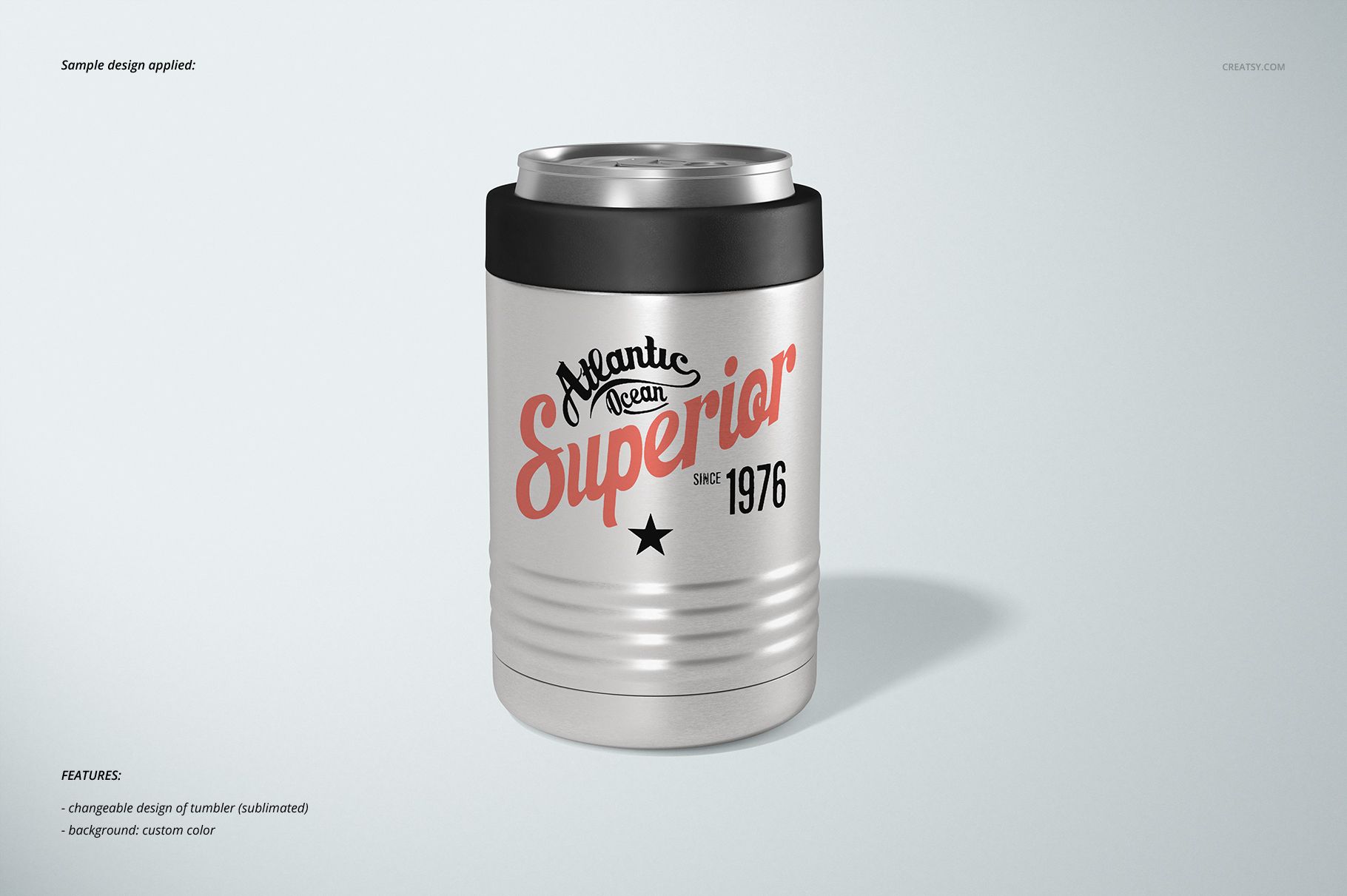 Front view of a beverage can holder cooler mockup with metallic finish, custom printed text, and subtle shadows.