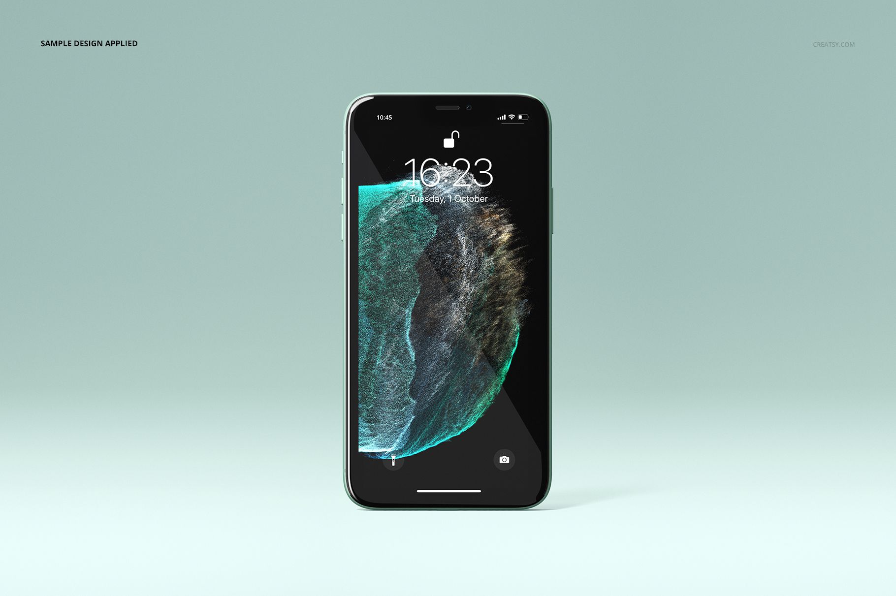 iPhone 11 PSD mockup featuring a close-up of the phone’s display with a modern abstract design on a pale green backdrop.