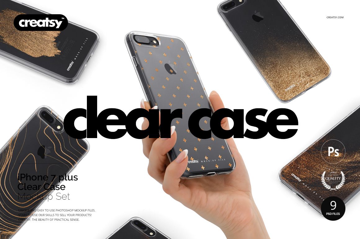PSD mockup featuring multiple clear iPhone 7 Plus cases with gold accents, shown from various angles on a white scene.