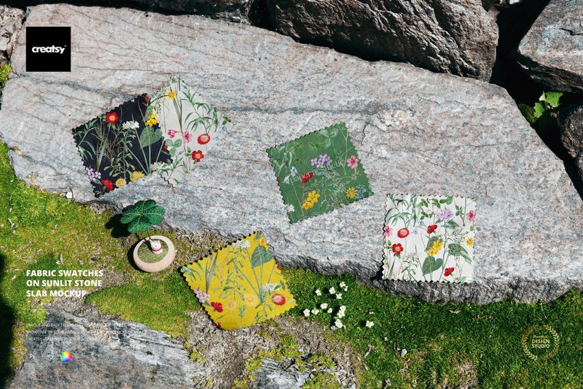 Fabric Swatches on Sunlit Stone Slab Mockup - mockup screenshot 1