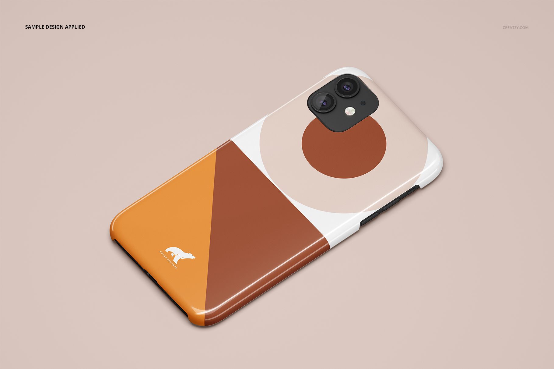 Glossy iPhone 11 case mockup displaying a modern geometric pattern in warm tones, positioned on a neutral background.