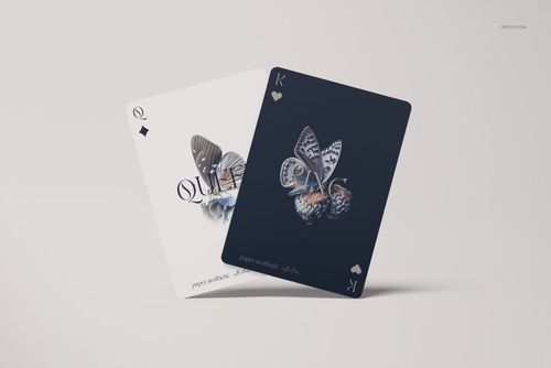 Two playing cards mockup displayed at an angle, featuring butterfly illustrations on white and dark backgrounds.
