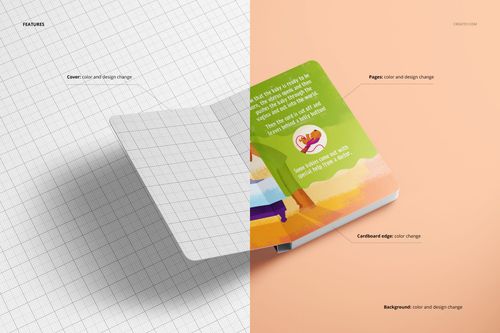 Open board book mockup displayed from an angled top view, showing blank cover on left and colorful pages on right.