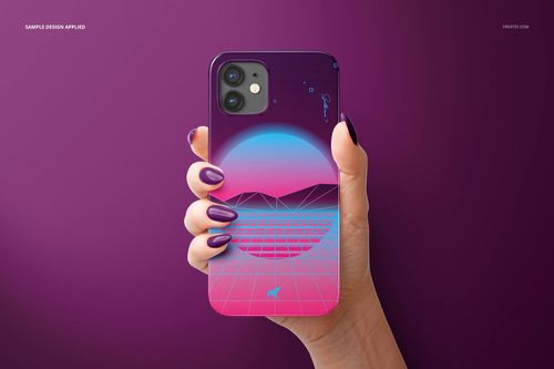 Front view of an iPhone 12 glossy snap case mockup, displaying a vibrant geometric landscape design, set against a purple backdrop.
