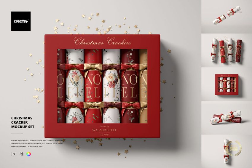 Christmas cracker PSD mockup set showing crackers in a decorative box, with close-ups of cracker details and festive confetti.