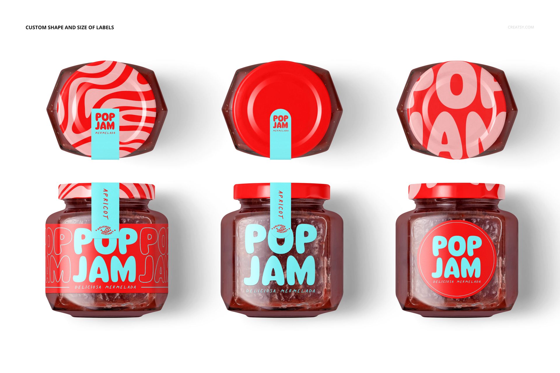 PSD mockup displaying strawberry jam jars with vibrant red and blue labels, viewed from both top and front perspectives.