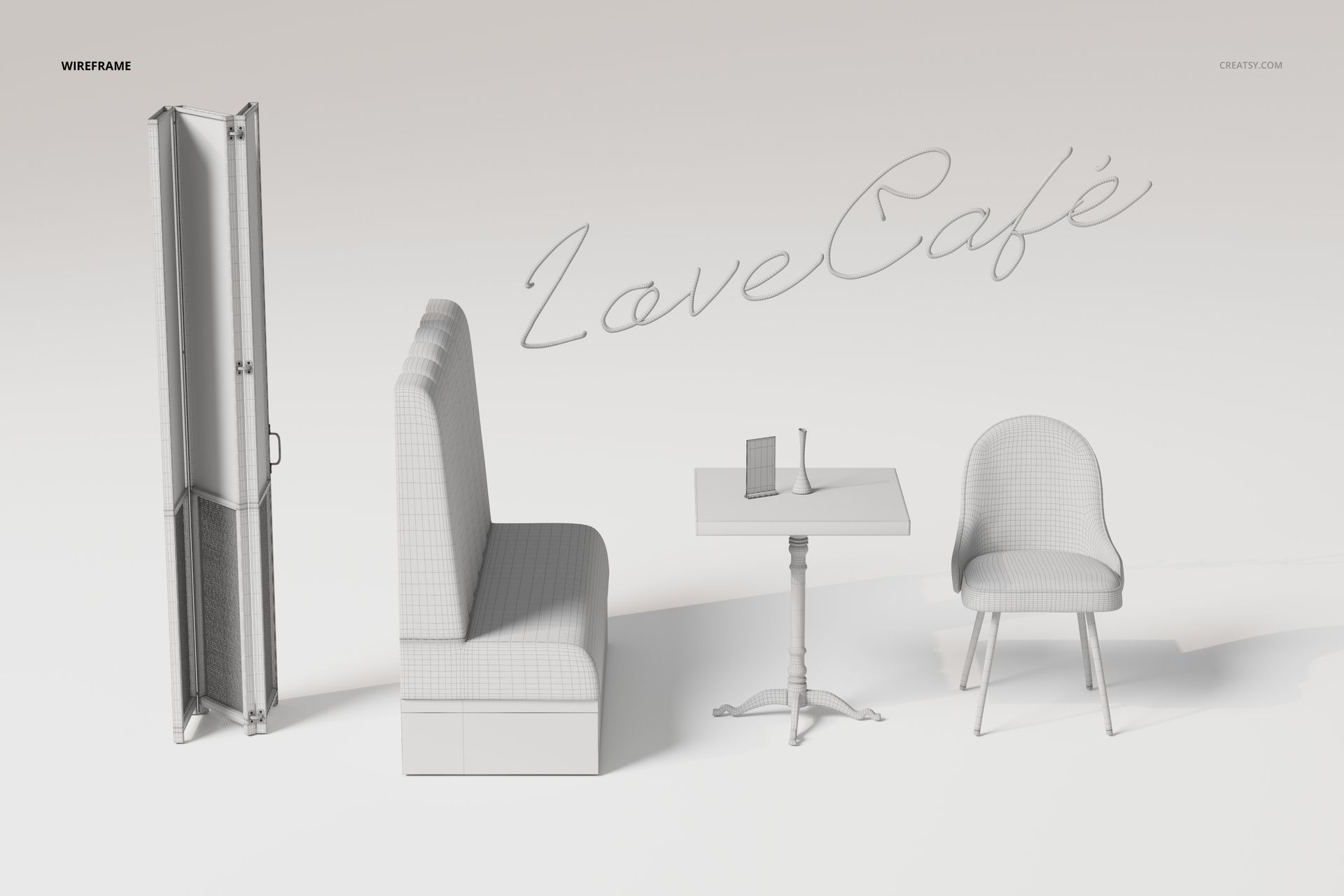 3D model of a faux leather cafe furniture set featuring a booth seat, table, and chair in a light wireframe style.