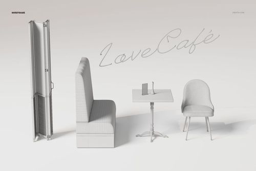 3D model of a faux leather cafe furniture set featuring a booth seat, table, and chair in a light wireframe style.