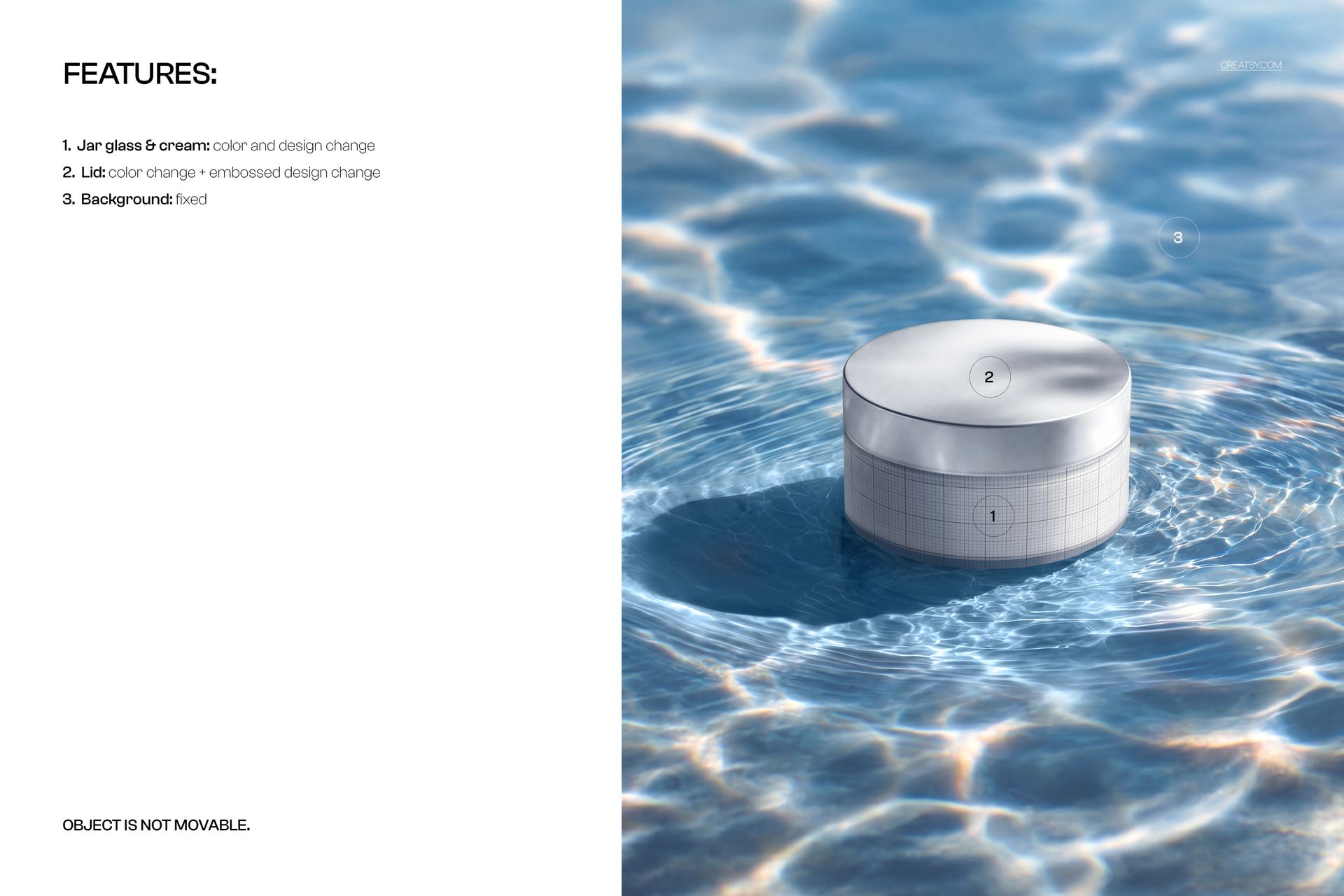 Round cosmetic jar mockup with a white lid floating in sunlit blue water, shown from a slightly elevated angle.