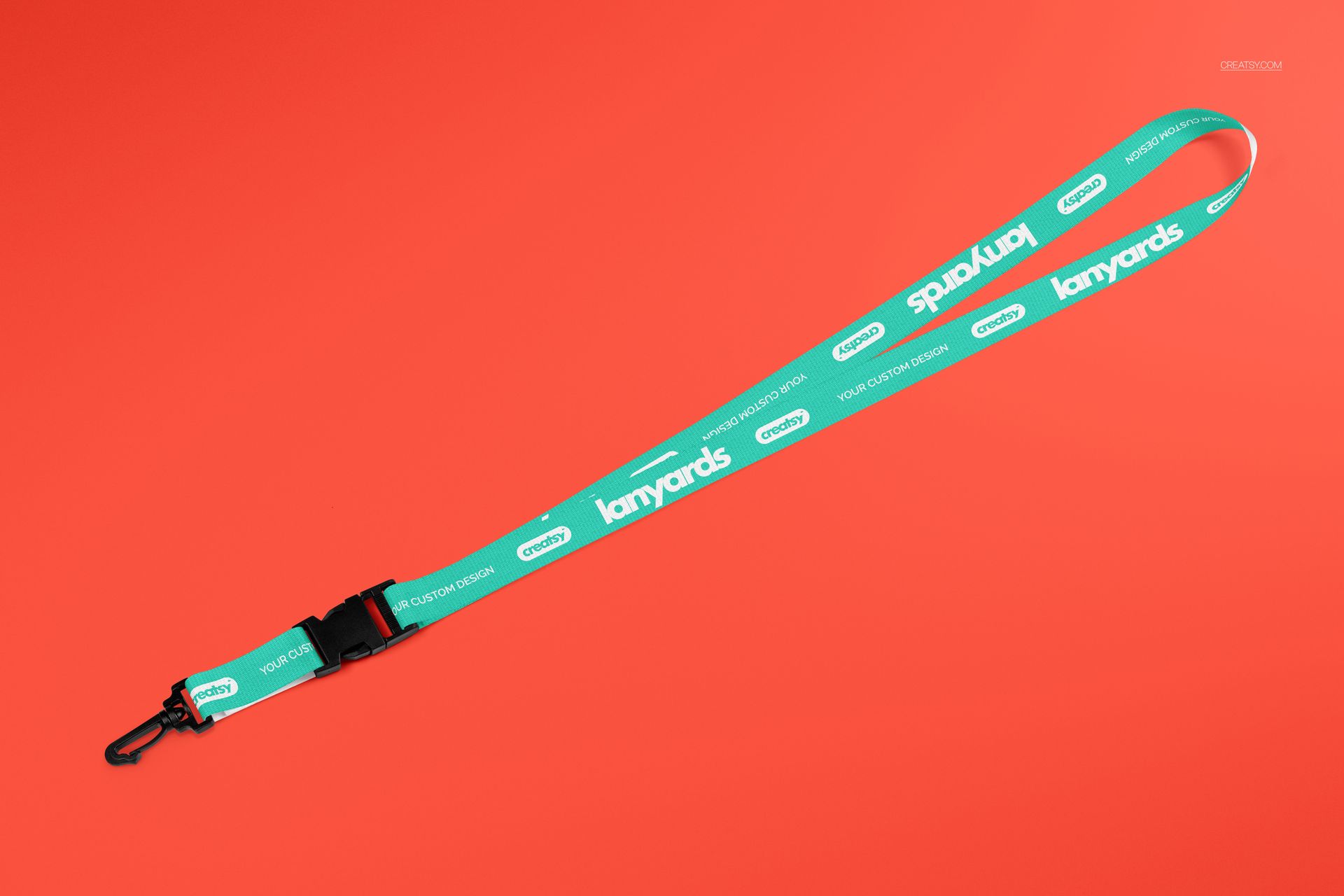 Turquoise polyester lanyard mockup featuring white lettering and black clasp, displayed on a red surface.