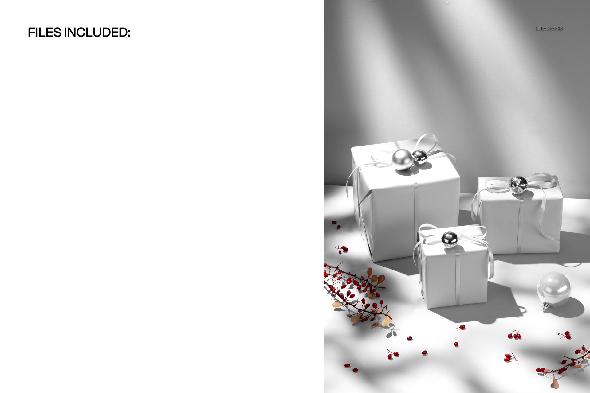 White gift boxes decorated with silver ornaments and ribbons, surrounded by red berries, top view mockup scene.