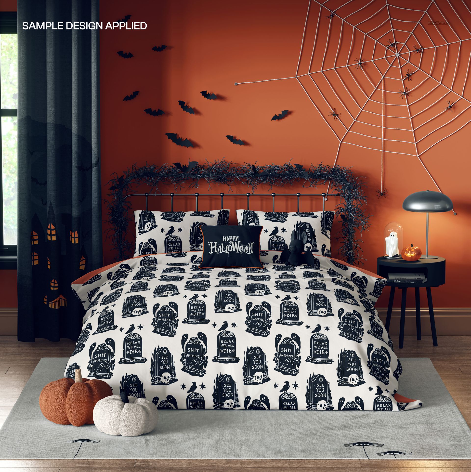 PSD mockup of a Halloween duvet cover set on a bed, surrounded by pumpkins, bat wall decals, and a spiderweb decoration.