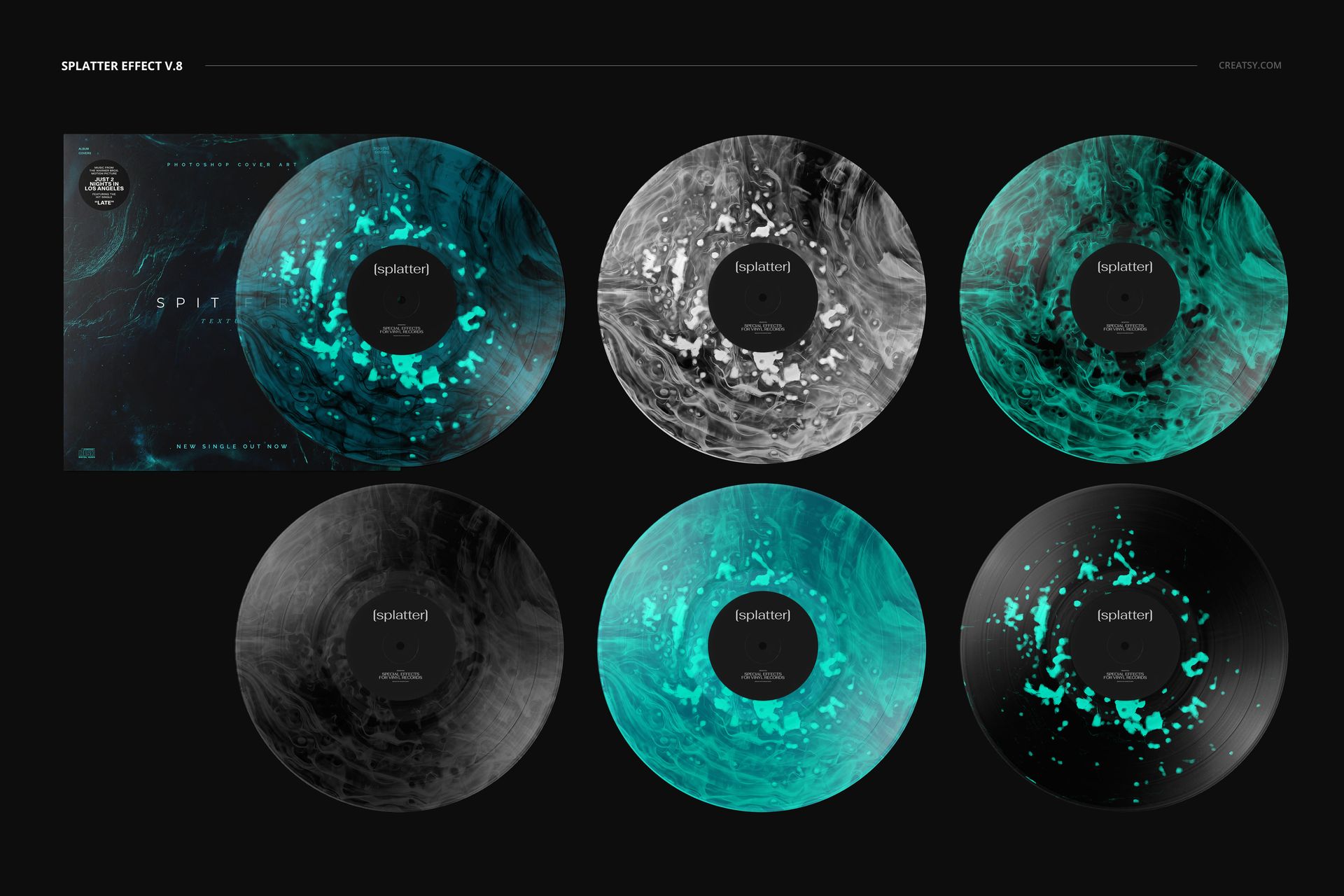 PSD mockup set displaying six vinyl records with unique splatter effects and a coordinating cover, all viewed from above.