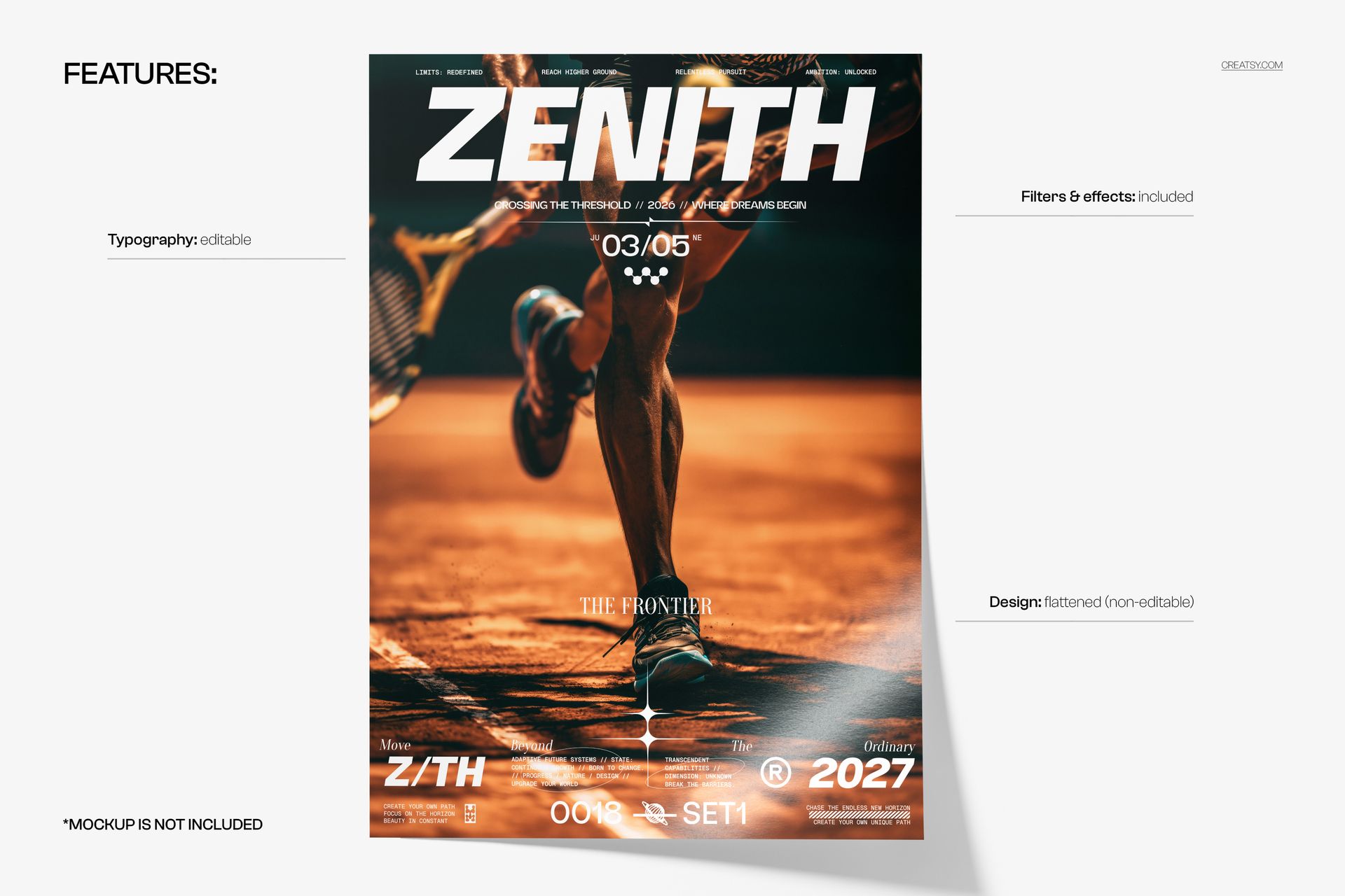 Poster mockup showing a close-up of a runner's legs on an orange track, viewed from the front with bold text overlays.