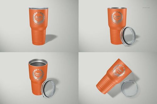 Four views of an orange 30oz ringneck tumbler with a silver lid, shown on a light gray background, tumbler mockup.