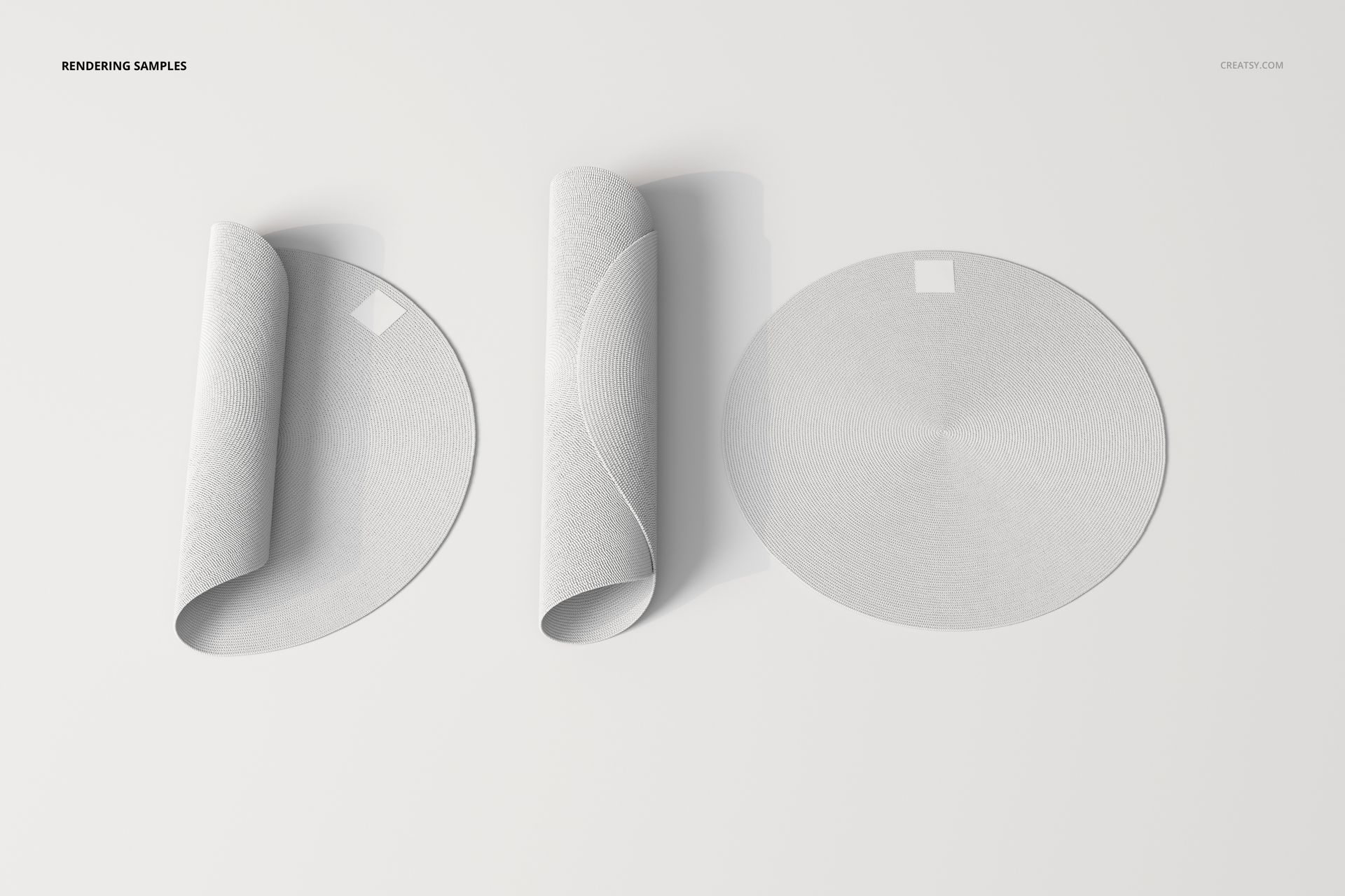 Three round braided rugs in light gray, shown from a top-down view with two partially rolled and one flat on a white surface.