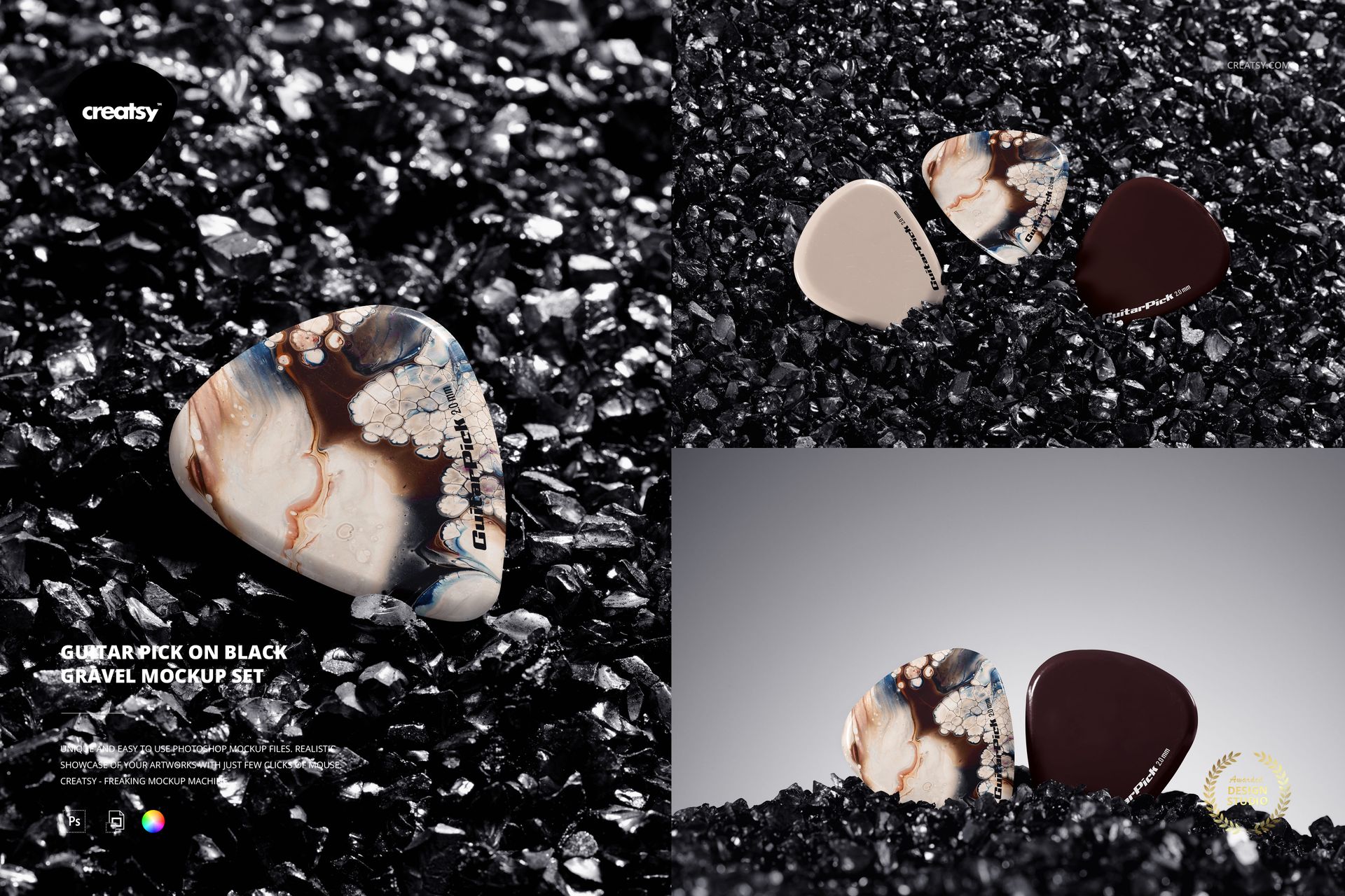 PSD mockup featuring single, double, and trio guitar picks on crushed black stone, viewed from different angles.