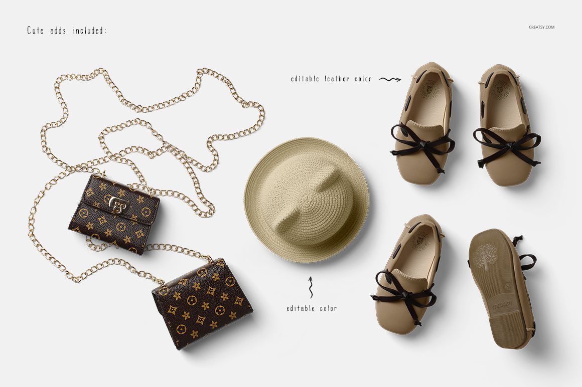 Top view of a baby coat mockup set with beige shoes, a round beige hat, and two brown patterned purses on a white background.