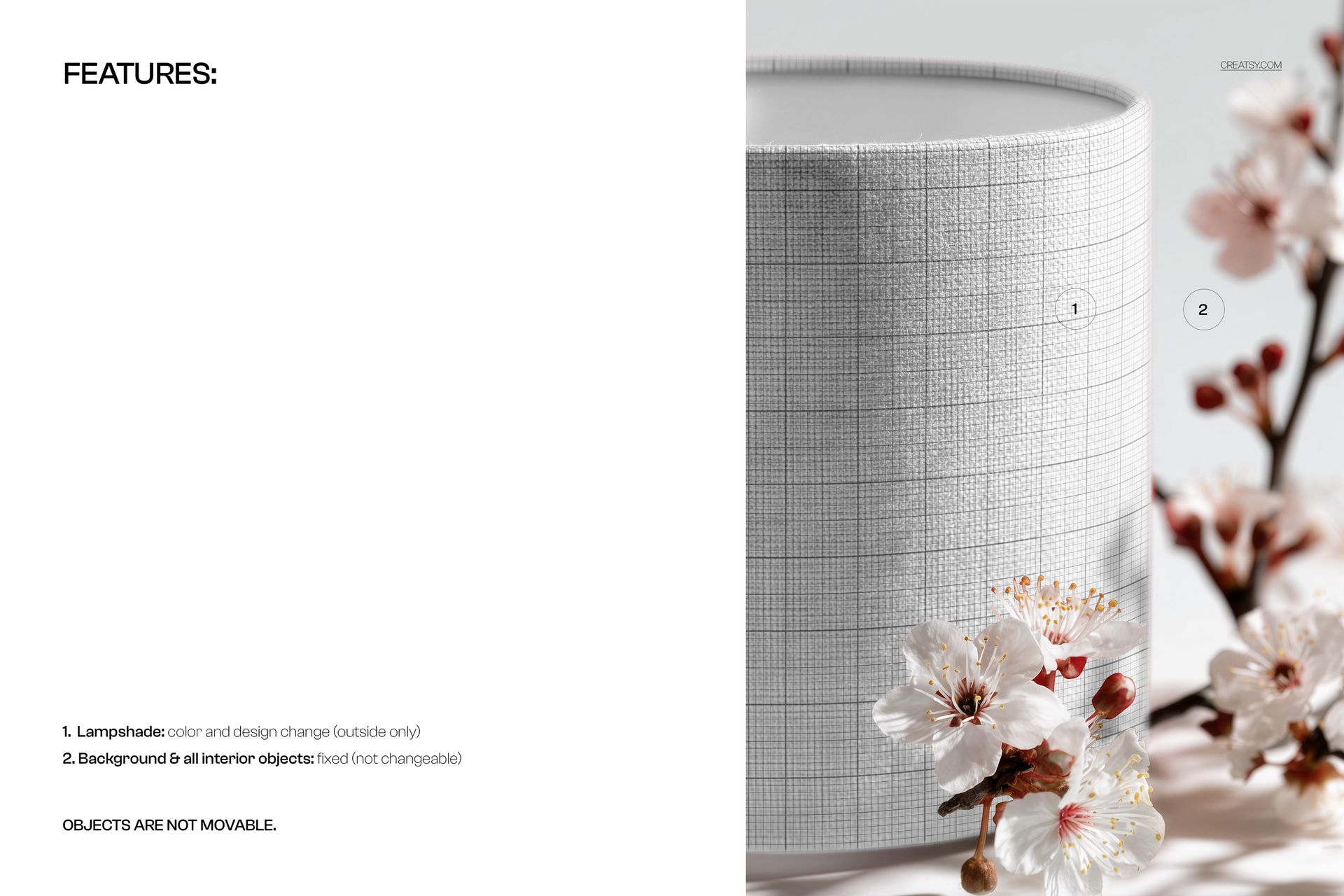Close-up view of a textured drum lampshade mockup with delicate cherry blossoms positioned at the base.