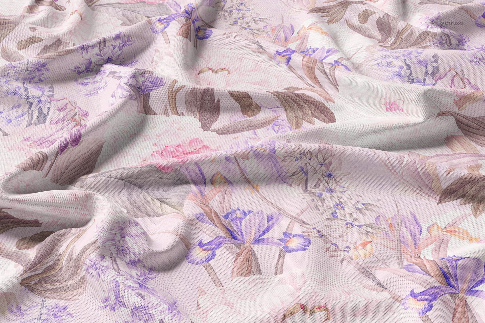 Curtains fabric mockup featuring a soft pink base with purple and beige floral patterns, shown in a close-up view.