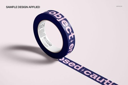 Mockup of a narrow duct tape roll featuring a bold blue and pink pattern, tape partially unrolled, angled view.