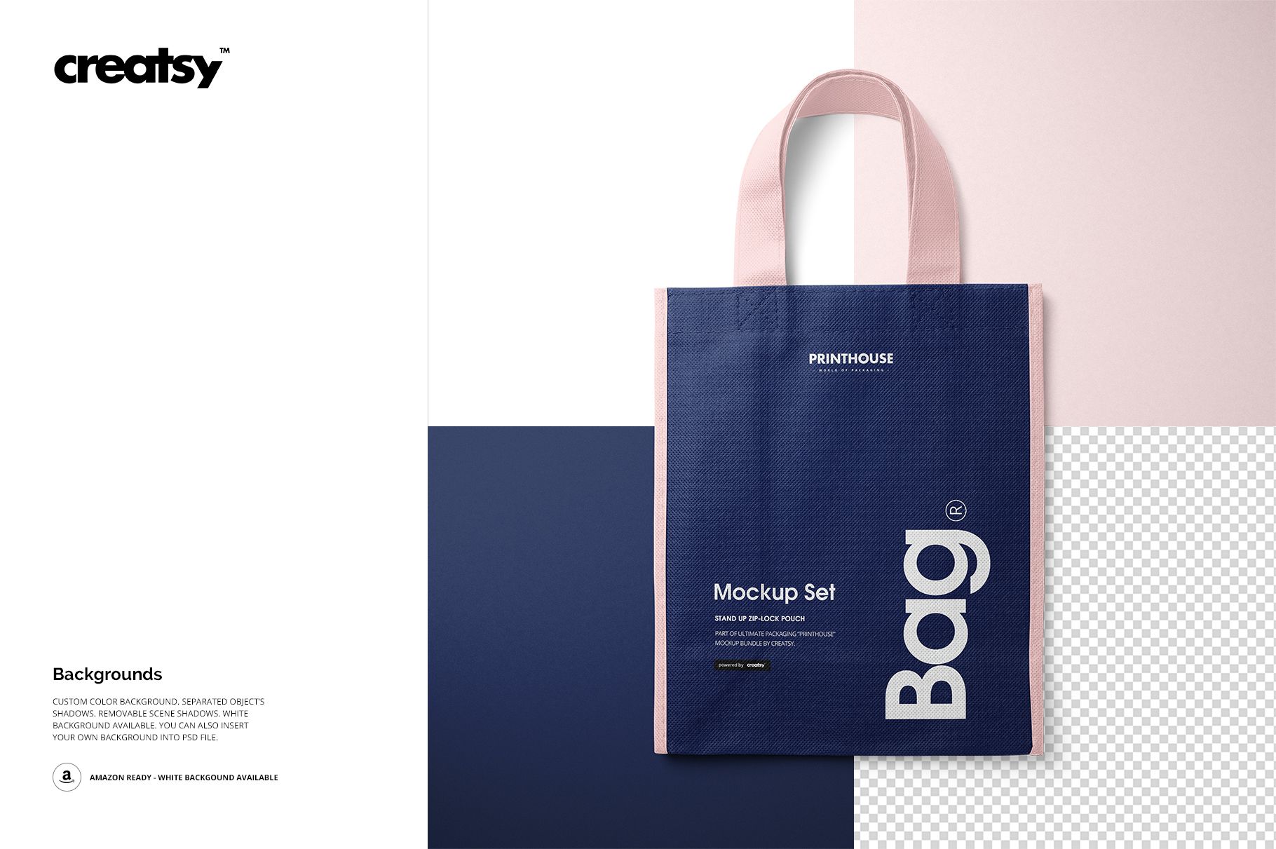 Front view of a non-woven tote bag mockup with navy blue body and light pink handles, set against a white background.