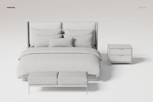 Modern bedroom furniture set in white, featuring a double bed with pillows, a bench at the foot, and a bedside table, front view.