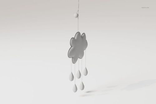 Front view of a baby mobile shaped like a cloud with five raindrop ornaments hanging below, in soft gray tones.