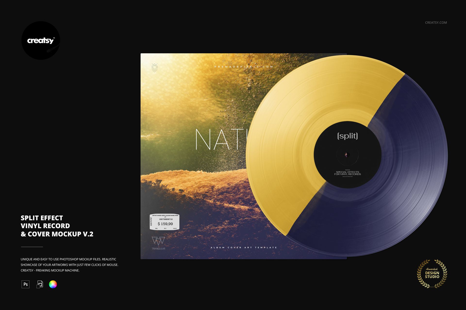 PSD mockup of a vinyl record with a two-tone design, positioned on top of a cover with earthy colors and nature elements.