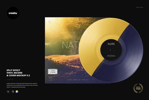 PSD mockup of a vinyl record with a two-tone design, positioned on top of a cover with earthy colors and nature elements.