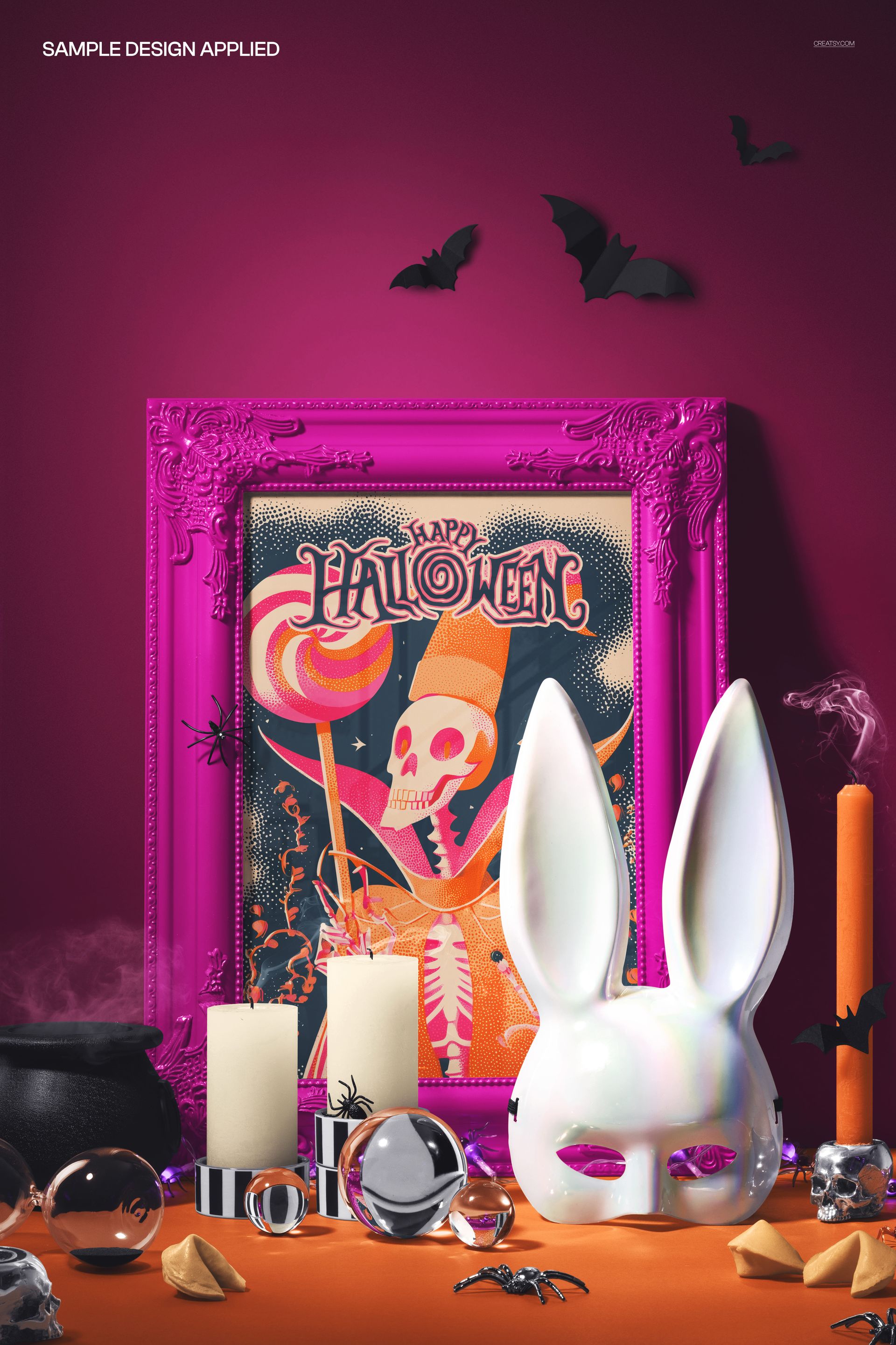 Halloween-themed PSD mockup featuring a baroque frame with spooky decorations, candles, and a rabbit mask.