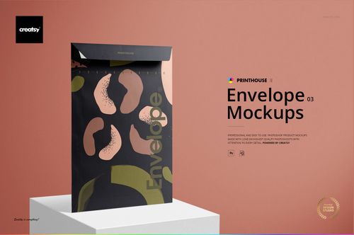 Envelope mockup featuring a black mailer with bold abstract shapes in pink and beige, displayed upright on a white pedestal.