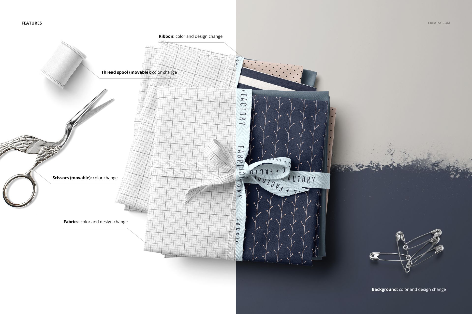Fabric stack mockup featuring neatly folded textiles in blue, white, and pink, with ribbon, scissors, and safety pins.
